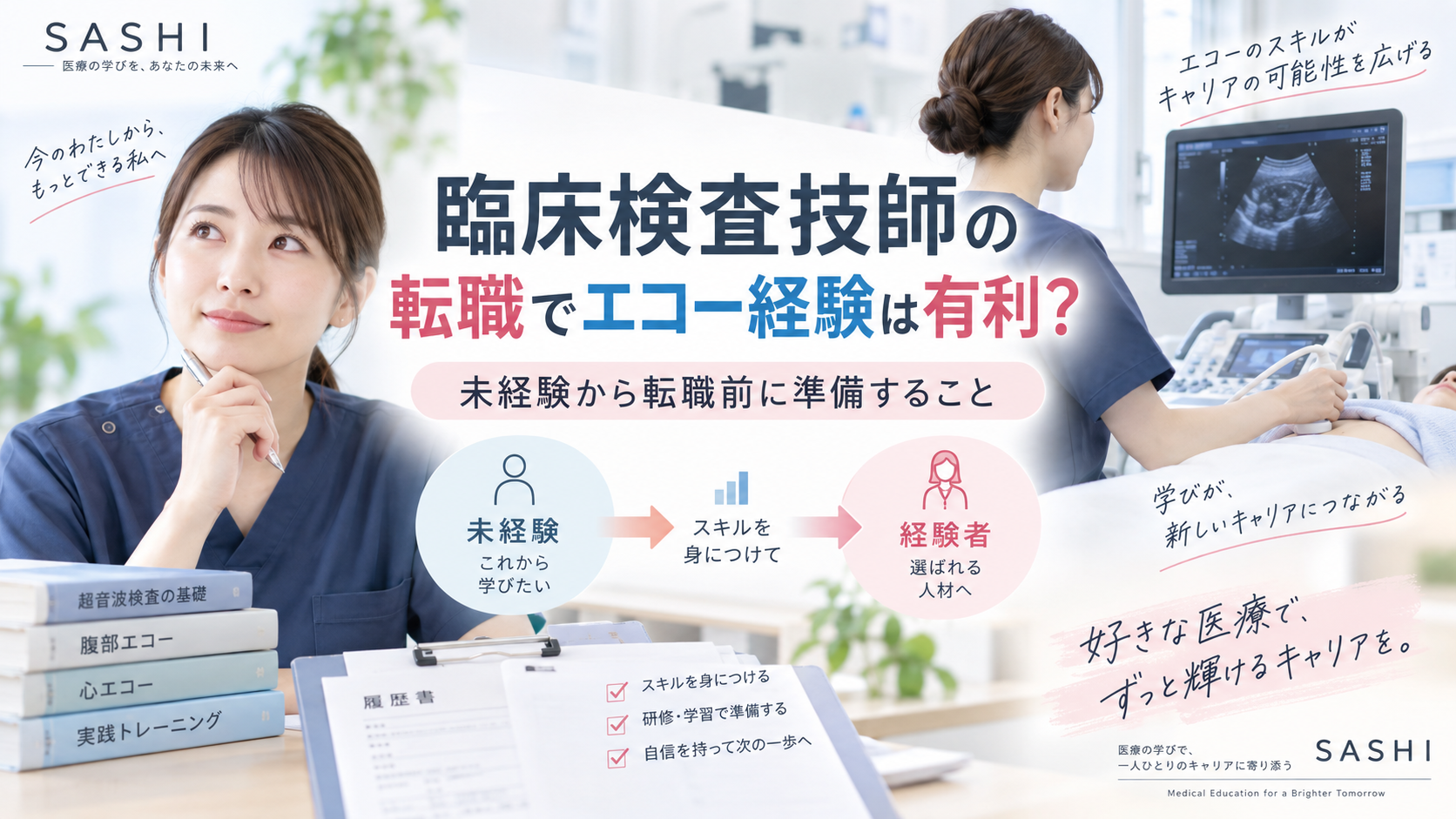 臨床検査技師の転職でエコー経験が有利になるか、未経験から転職前に準備することを解説するアイキャッチ画像