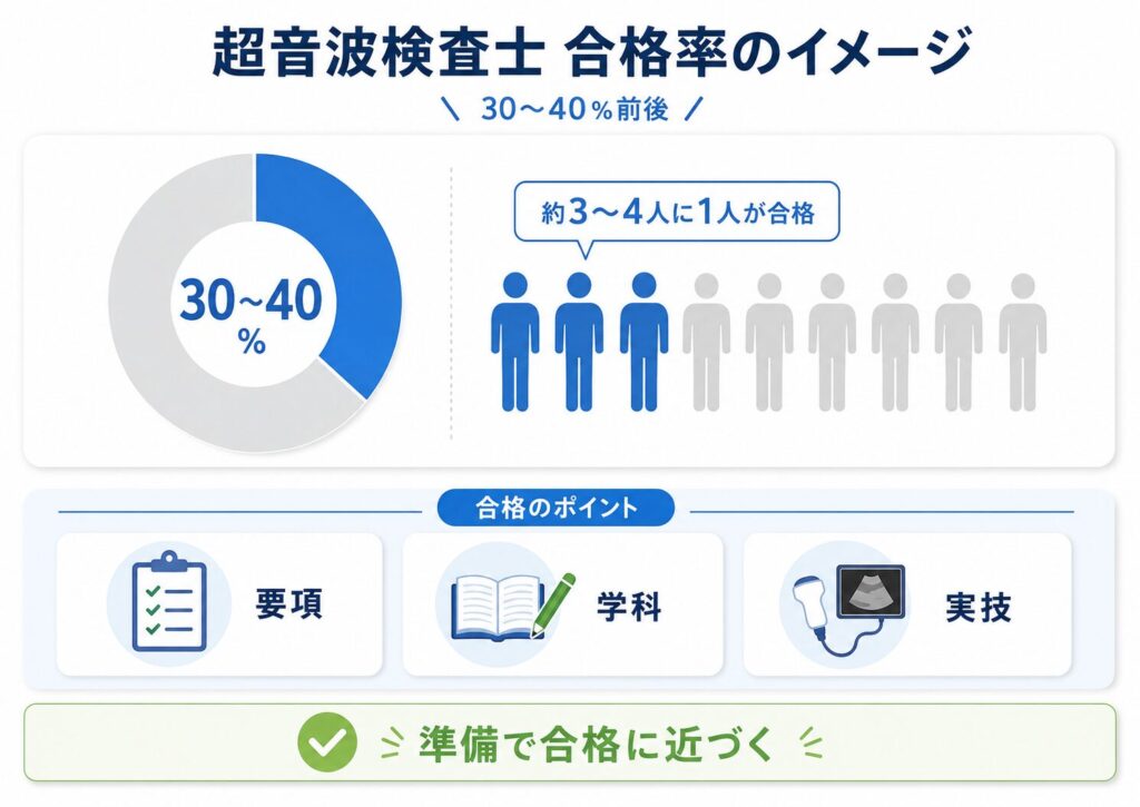 超音波検査士の合格率は30〜40％前後とされ、試験要項・学科・実技の準備が合格に近づくポイントであることを示した図解