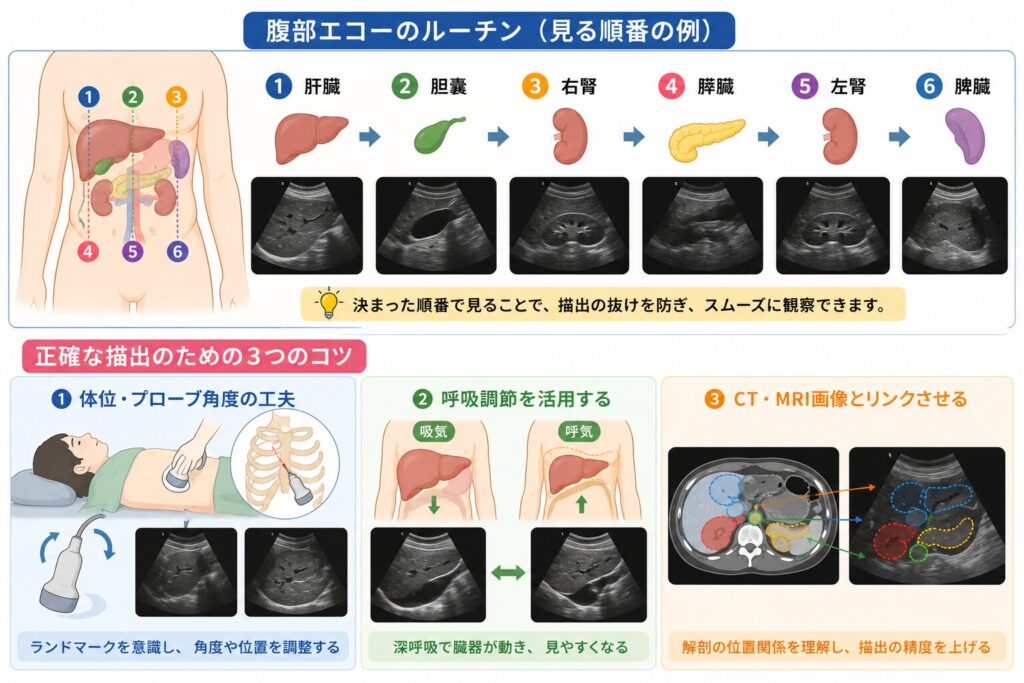 腹部エコーの観察ルーチンと正確に描出するための体位調整、呼吸調節、CTやMRI画像との比較を示した図解