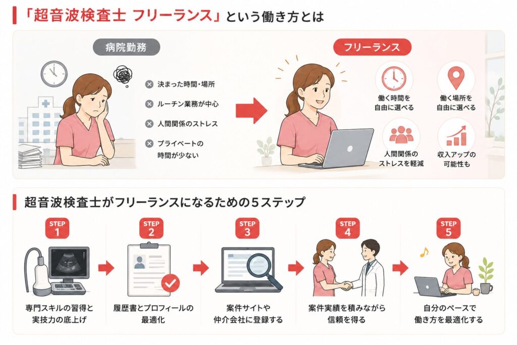 超音波検査の実技力を確認し、経験や対応可能部位を整理してから、業務委託案件を探し、実績を積みながら働き方を調整する流れを示した図解