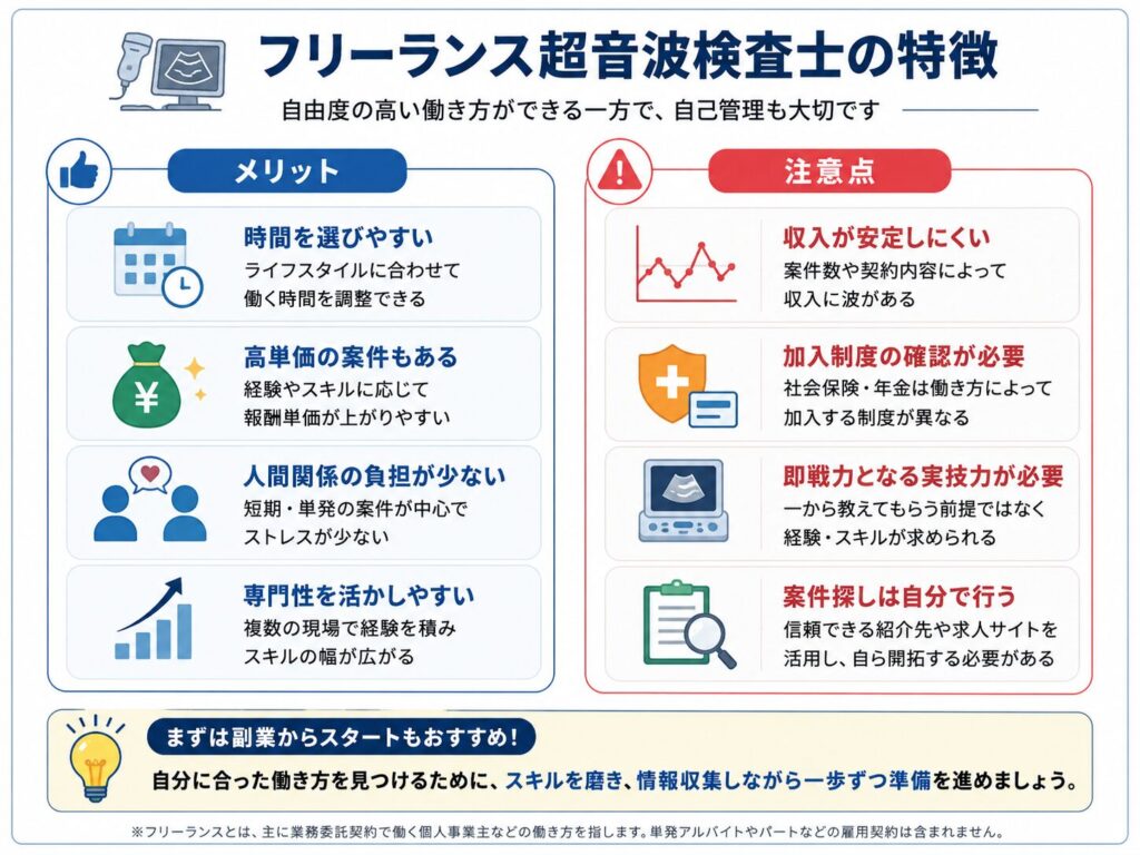 フリーランス超音波検査士のメリットと注意点を左右で比較した図解。時間を選びやすい、高単価の案件がある、専門性を活かしやすい一方で、収入の変動、加入制度の確認、即戦力となる実技力、案件探しが必要であることを示している。