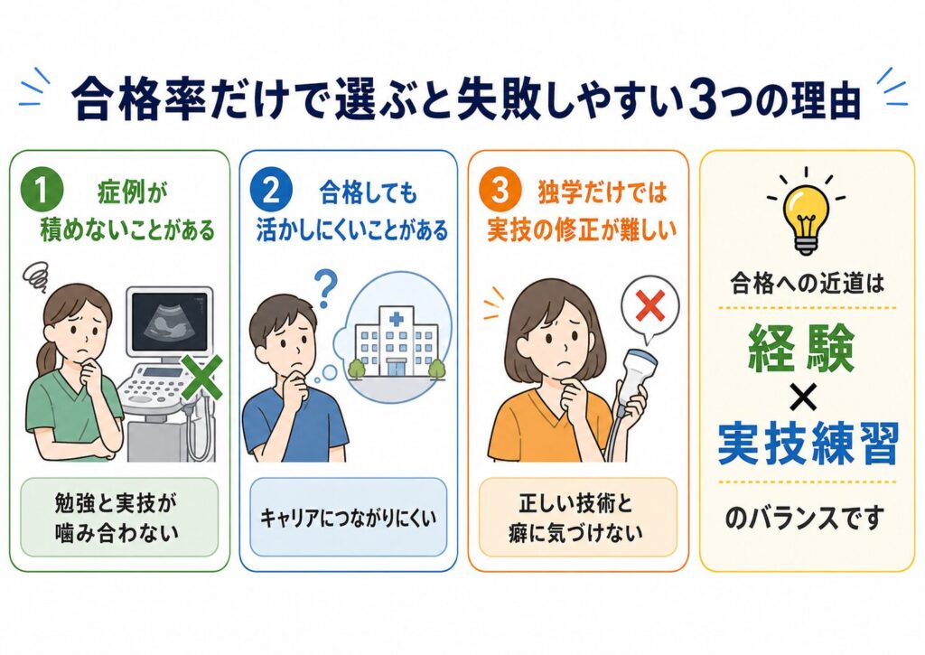 超音波検査士の分野別の合格率傾向イメージを、腹部・体表・心臓・血管・産婦人科領域で比較した図解