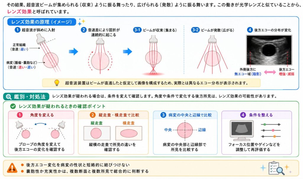 超音波検査におけるレンズ効果の原理と、プローブ角度・縦横走査・病変中央と辺縁・装置条件で確認するポイントを示した図解