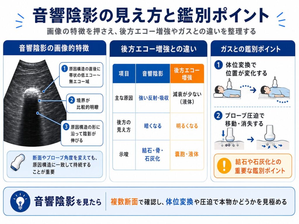 音響陰影の画像上の特徴、後方エコー増強との違い、ガスによる陰影との鑑別ポイントを比較した図