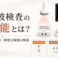 超音波検査の分解能について、軸方向分解能・横方向分解能・時間分解能を図解し、超音波装置とモニターを配置したアイキャッチ画像