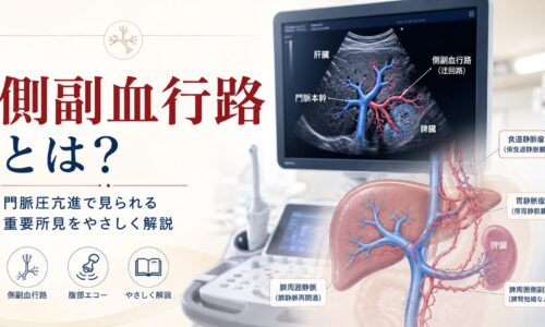 側副血行路の仕組みを、肝臓・門脈・脾臓周囲の血流図と腹部エコー画像で解説したアイキャッチ画像