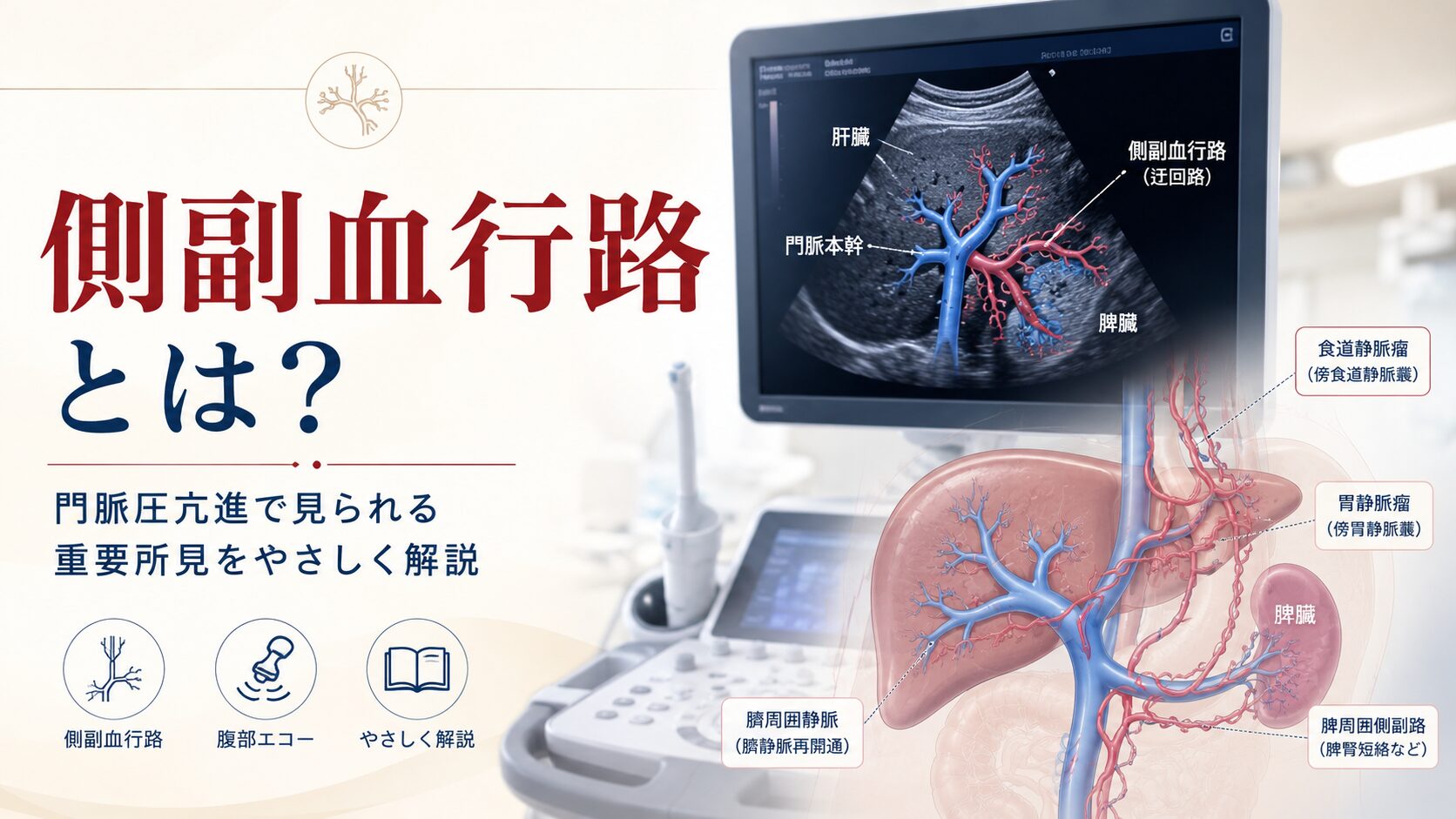 側副血行路の仕組みを、肝臓・門脈・脾臓周囲の血流図と腹部エコー画像で解説したアイキャッチ画像