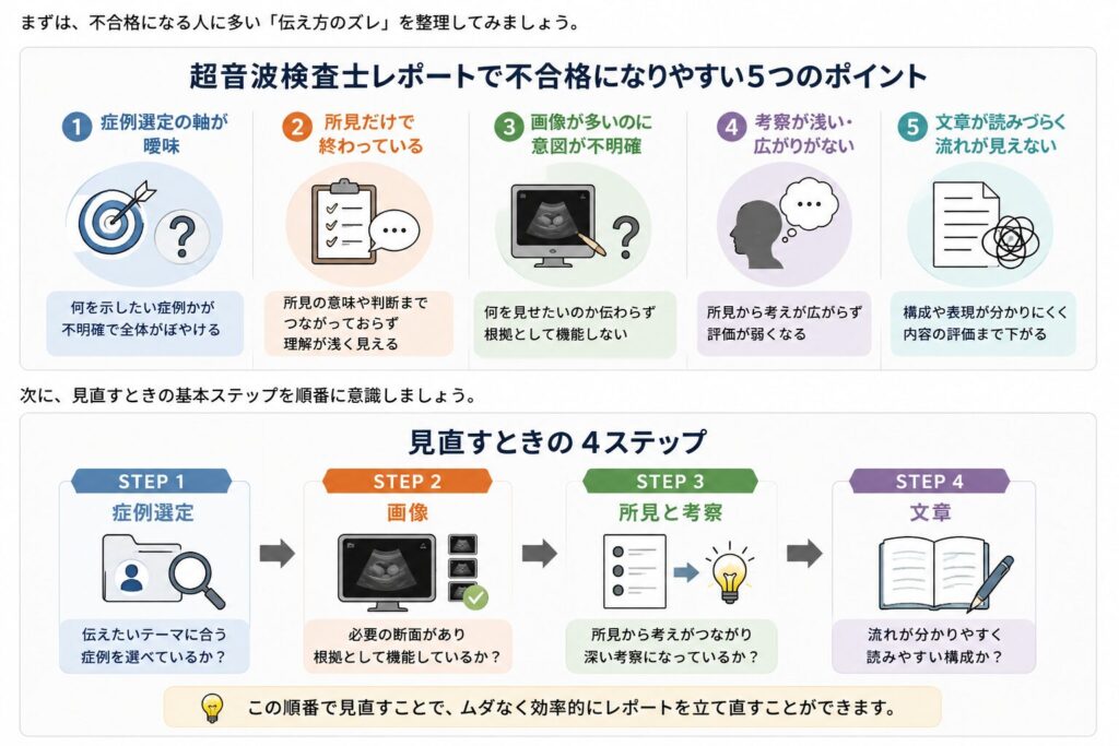 超音波検査士レポートで不合格になりやすい原因と、症例選定・画像・所見と考察・文章の順に見直す流れを示した図解