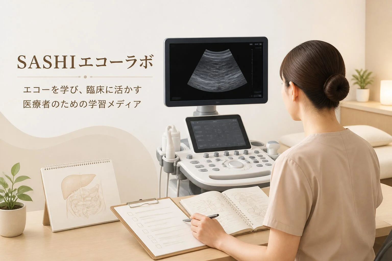 腹部エコーの勉強で使う超音波装置と実技チェックリストを確認する医療教育の場面