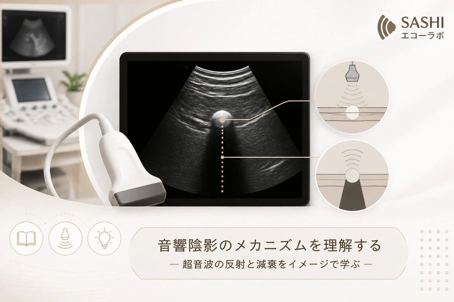 超音波探触子と、強い反射体の後方に暗い帯状領域が現れる音響陰影の模式図
