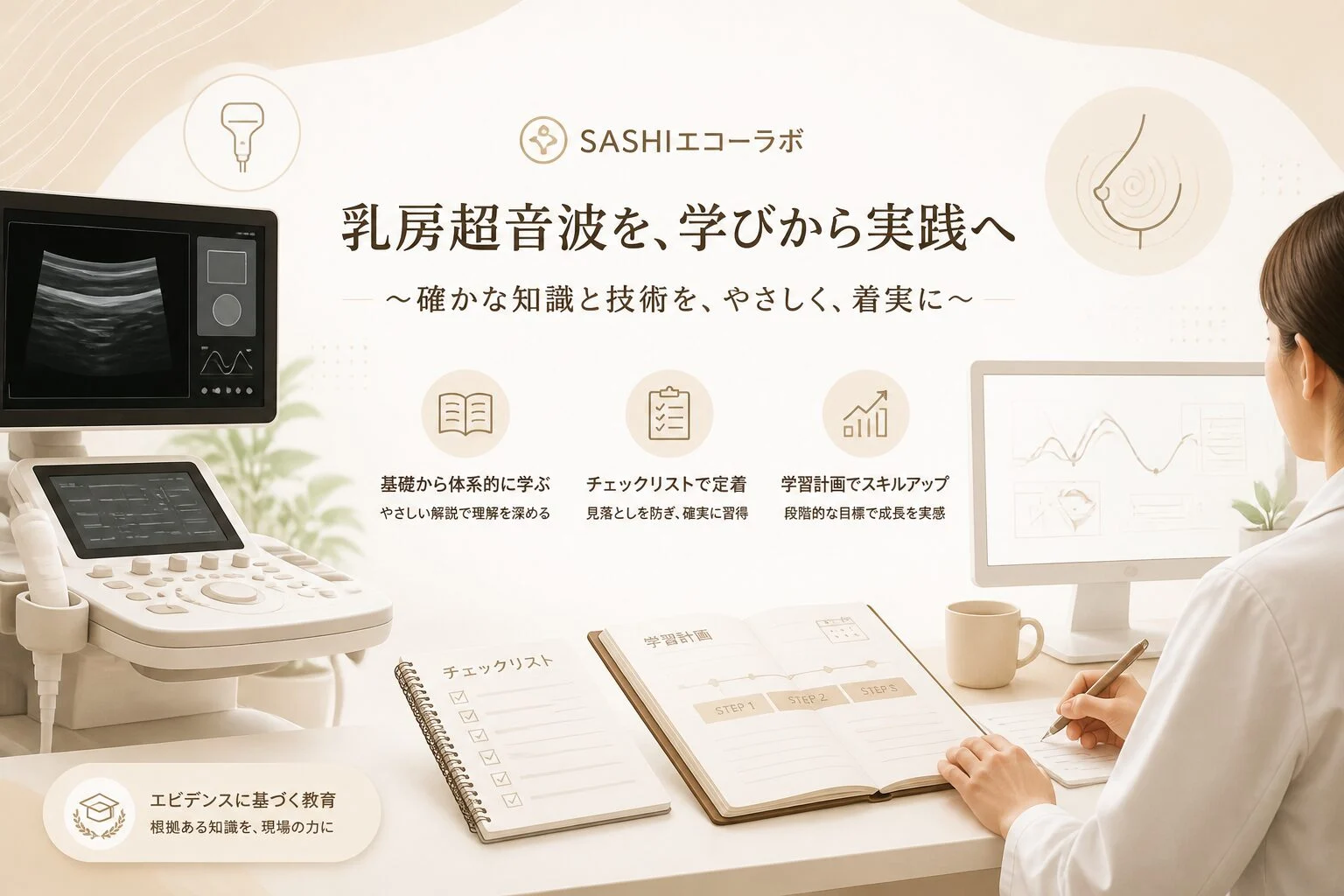 乳腺エコーの検査画像と学習計画を確認する医療従事者