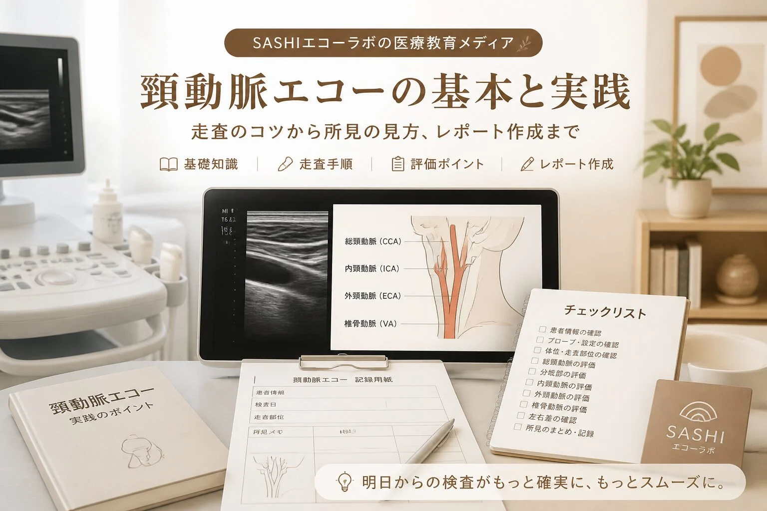 頸動脈エコーの算定確認をイメージした超音波装置と記録用チェックリスト