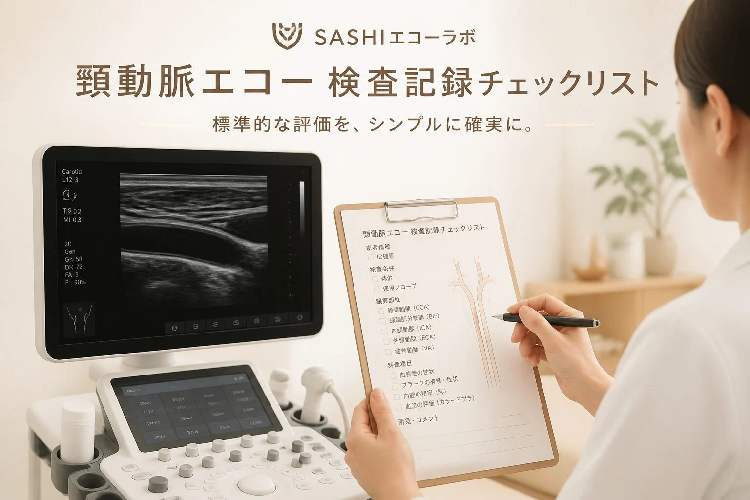 超音波検査室で頸動脈エコーの実施記録を確認する医療従事者