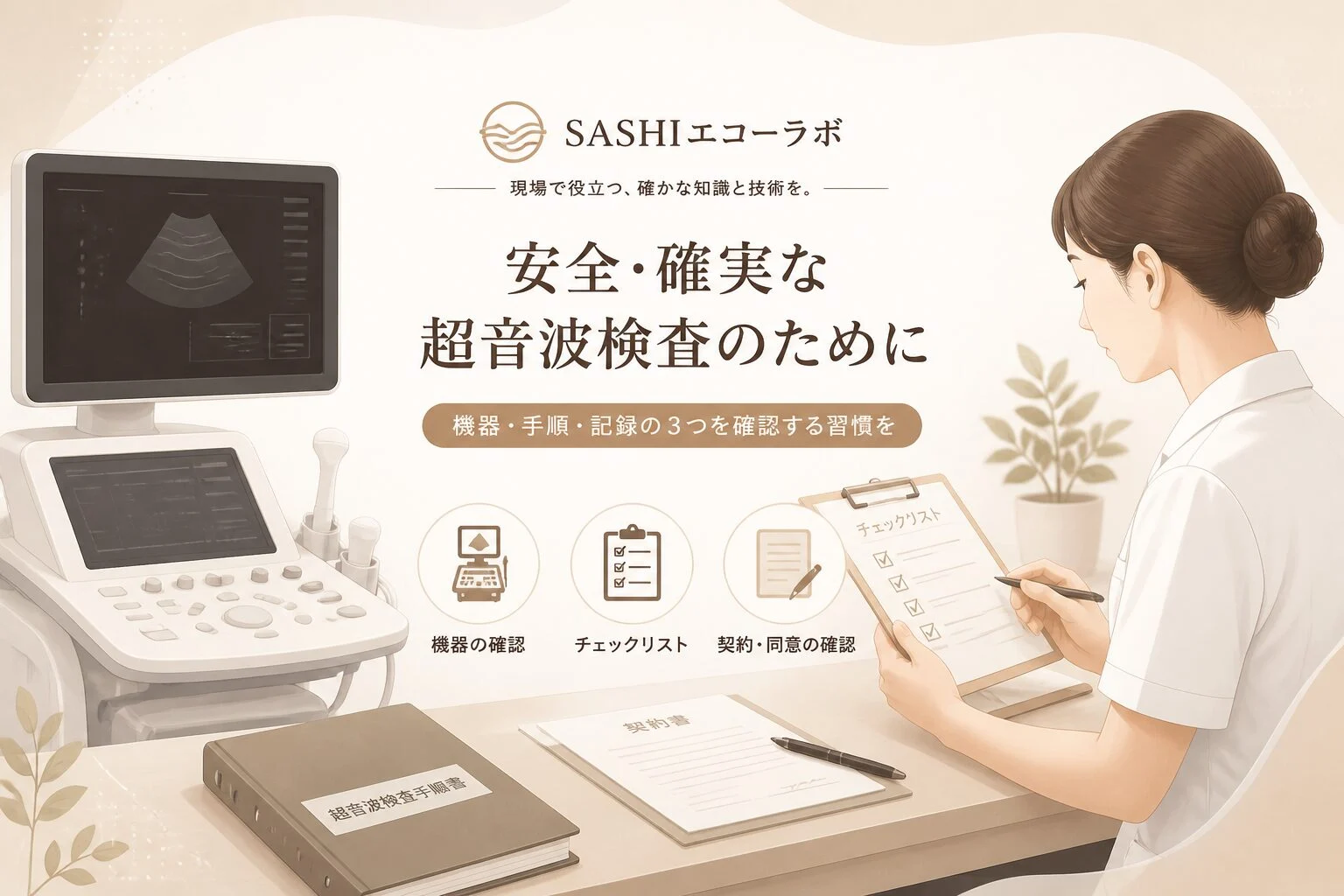 超音波検査装置と副業案件の確認チェックリストを前に条件を確認する臨床検査技師