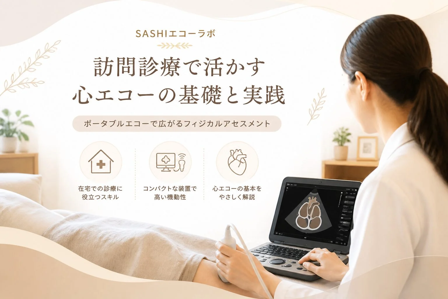 訪問診療の現場で医療従事者がポータブル超音波装置の心臓画像を確認しているイラスト