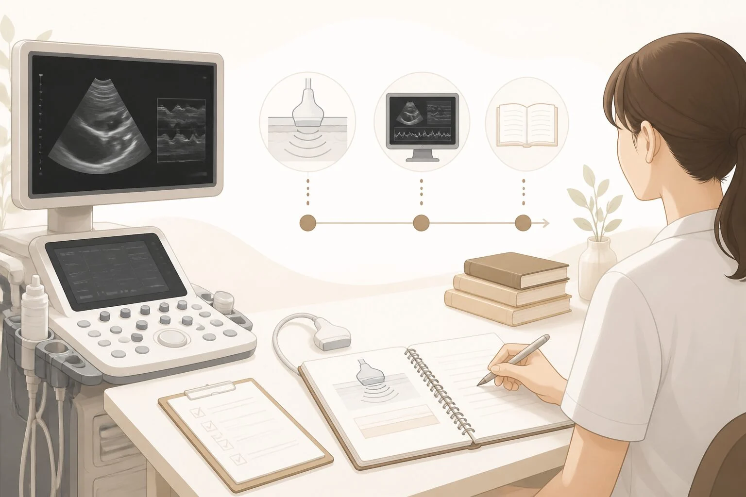 超音波装置と学習ノートを前に受験準備の手順を確認する医療従事者のイラスト