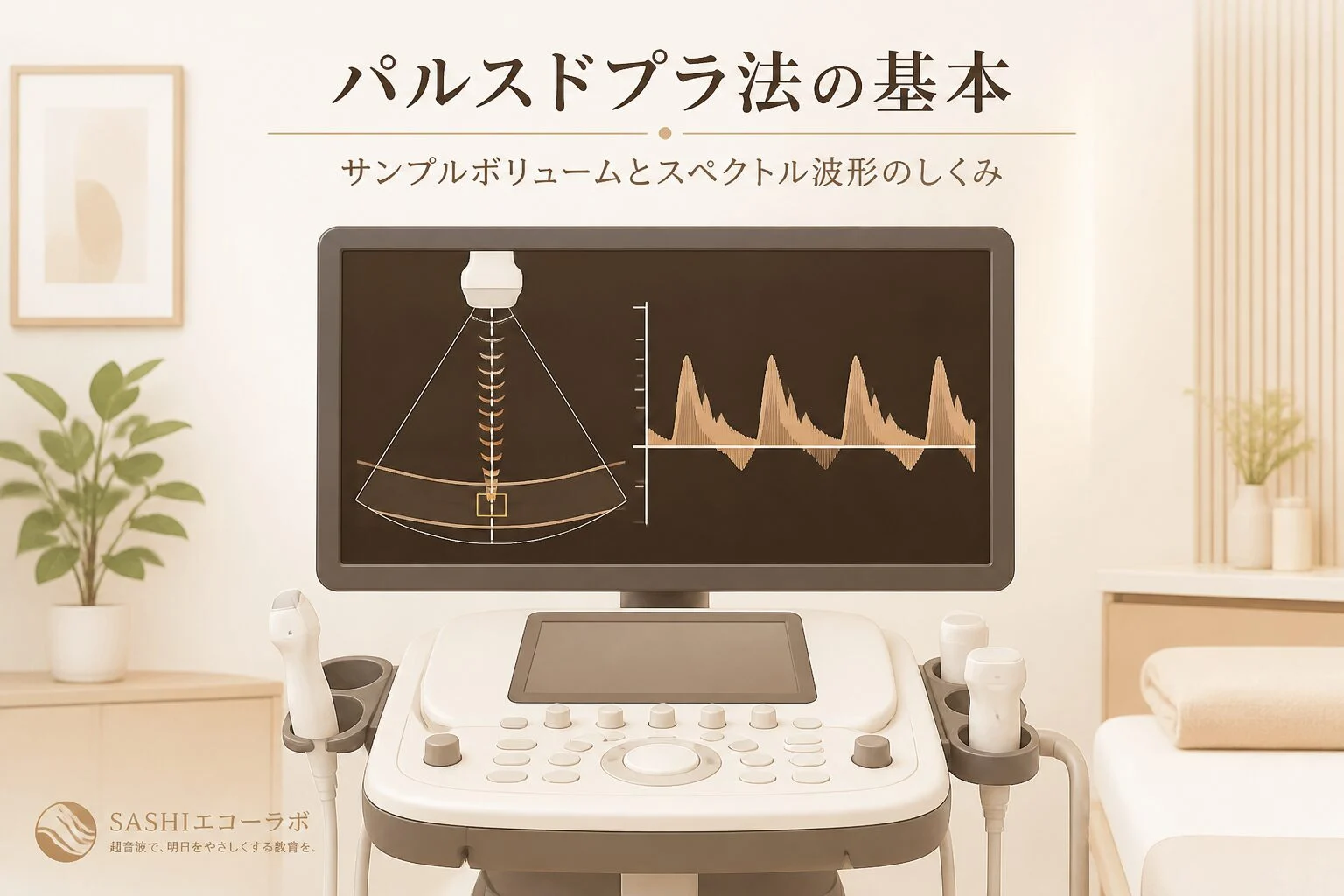 超音波装置の画面にパルスドプラの波形と測定位置を示した医療教育用イラスト