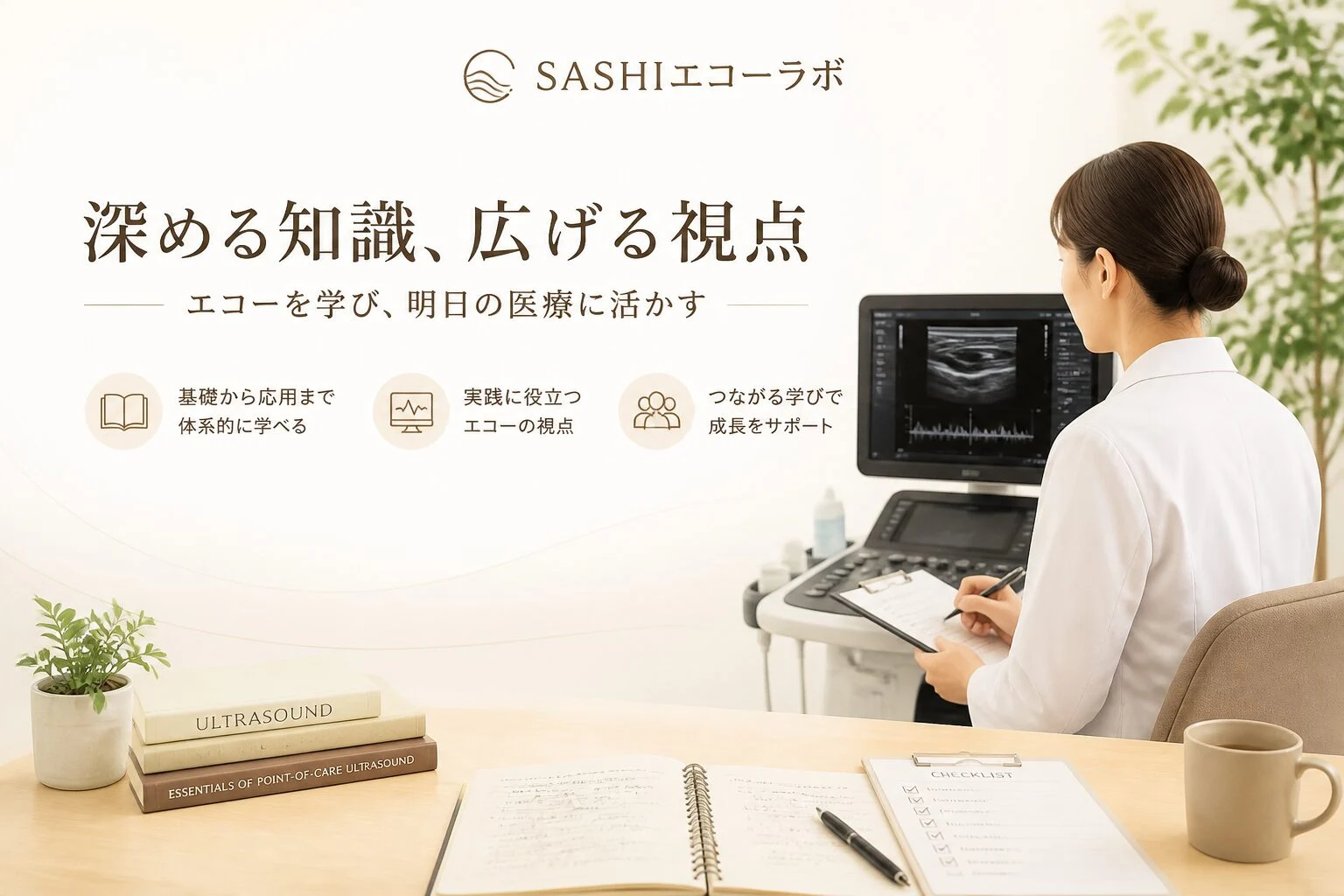 超音波検査装置の画面と症例記録を確認する医療従事者