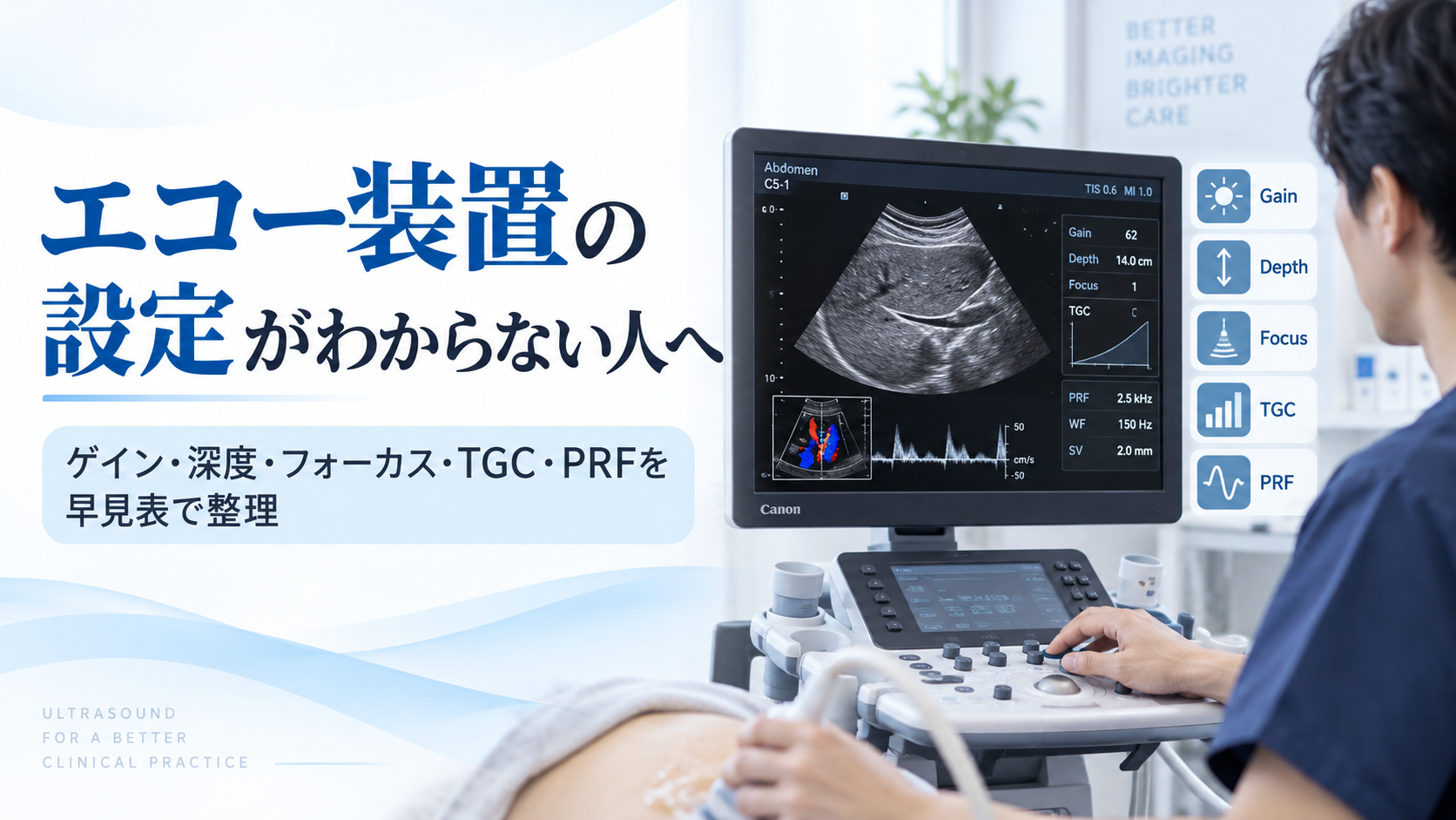 超音波検査装置を操作する医療従事者とエコー画像を背景に、Gain・Depth・Focus・TGC・PRFなどの設定を初心者向けに解説する記事のアイキャッチ画像。