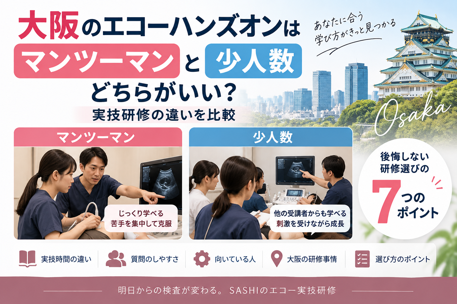 大阪のエコーハンズオンで、マンツーマンと少人数研修の違いを比較し、実技研修の選び方を解説するアイキャッチ画像