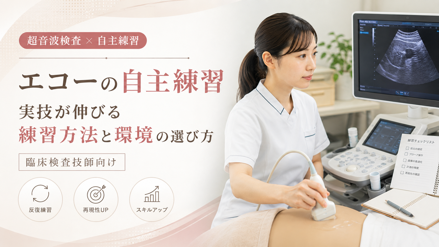 臨床検査技師が超音波検査装置を使ってエコーの自主練習を行っている様子。実技を伸ばす練習方法や練習環境の選び方をイメージしたアイキャッチ画像。