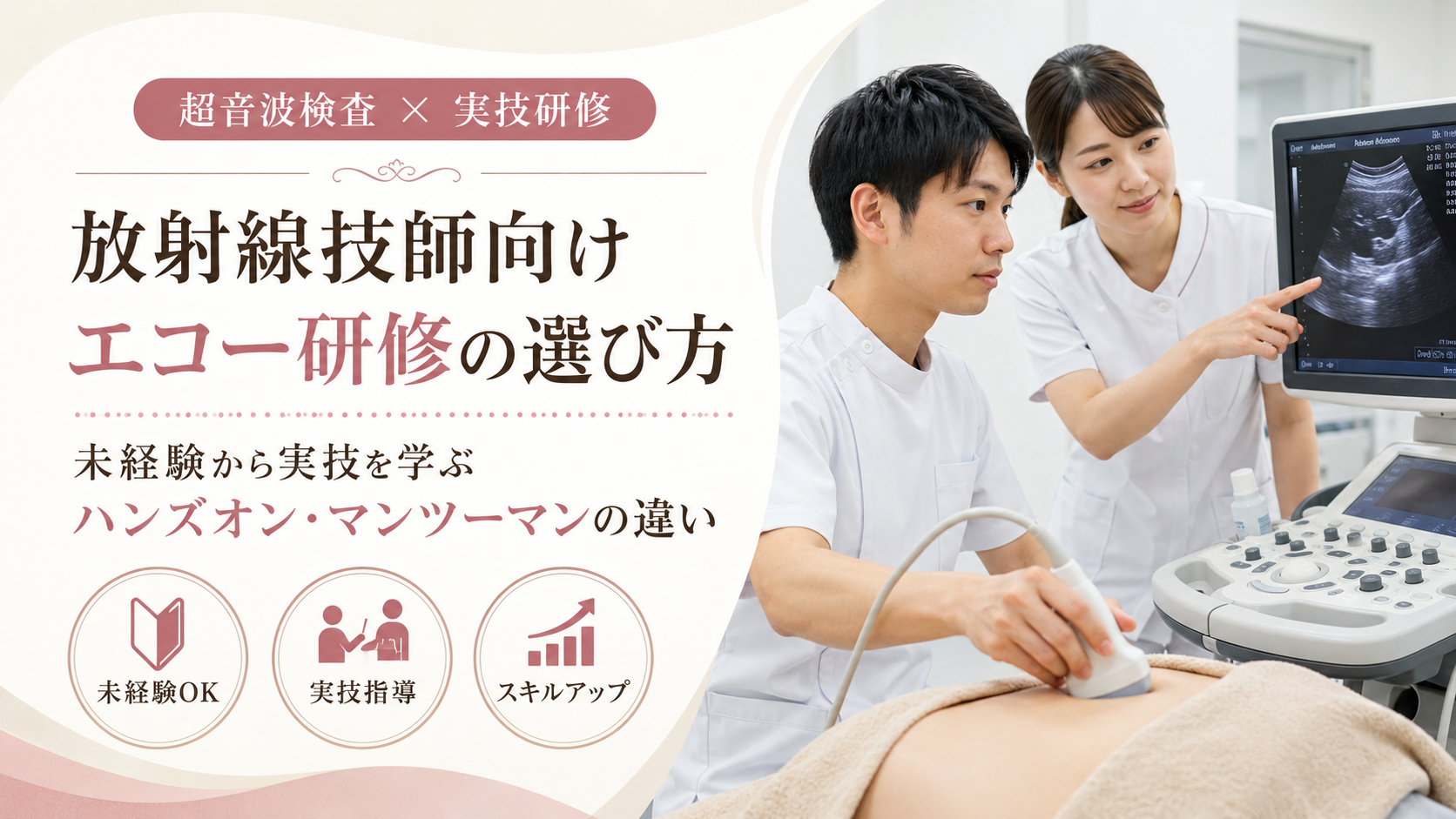 放射線技師向けのエコー研修をテーマにしたアイキャッチ画像。男性の診療放射線技師が超音波検査装置を使って実技を行い、女性指導者がモニターを見ながらハンズオン指導をしている様子。
