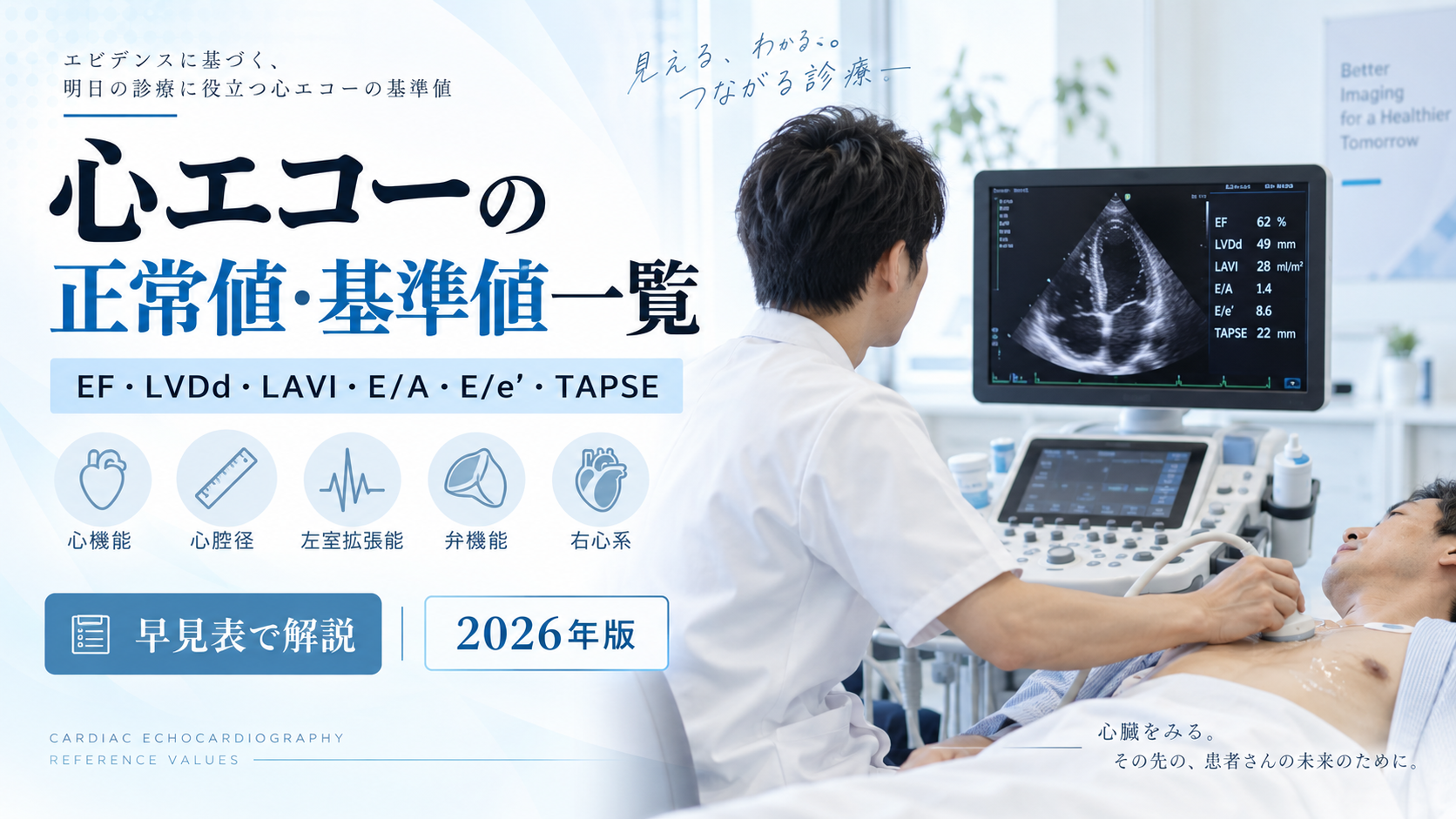 心エコー検査を行う医療従事者と超音波診断装置を背景に、EF・LVDd・LAVI・E/A・E/e′・TAPSEなどの正常値・基準値を一覧で解説する記事のアイキャッチ画像。